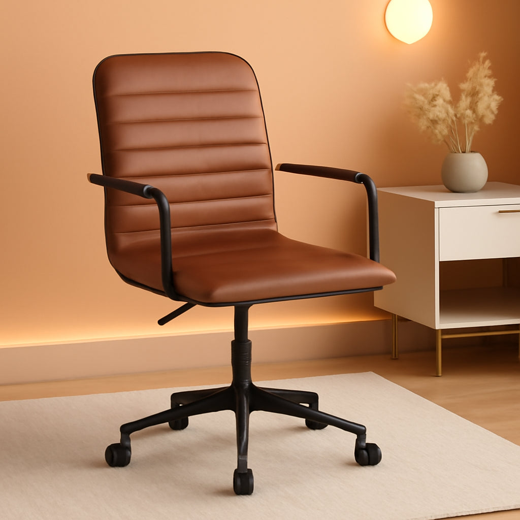 Saddle Brown Faux Leather Swivel Task Chair With Armrests