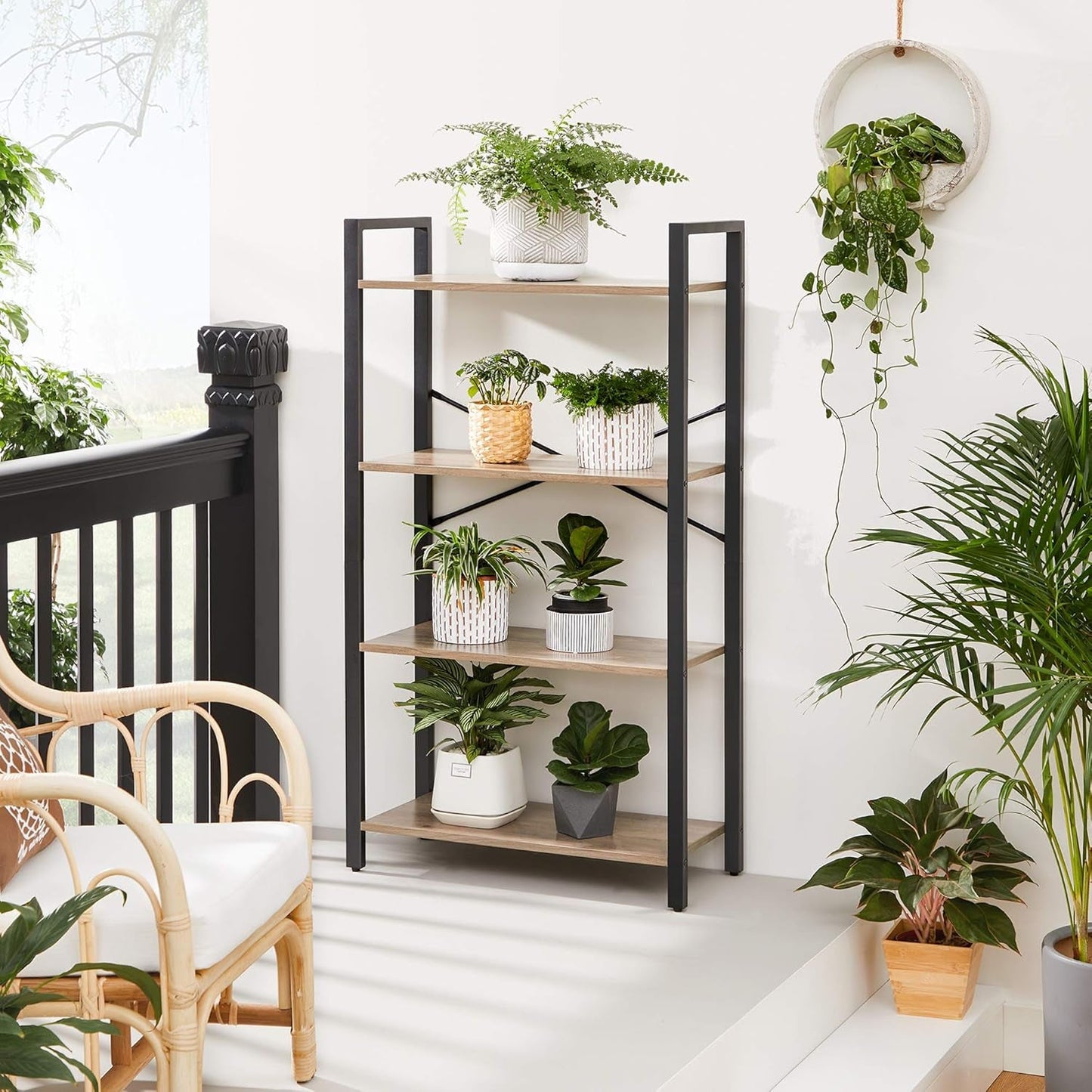 Four Tier Tall Bookshelf With Steel Frame Greige Black