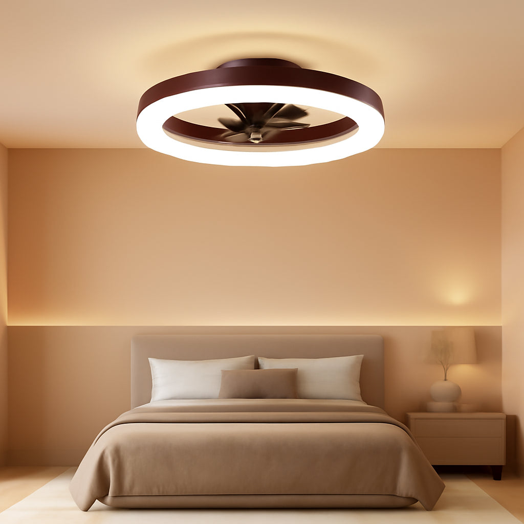 Brown Flush Mount Bladeless Fan Light With Dimmable LED in a modern bedroom setting.