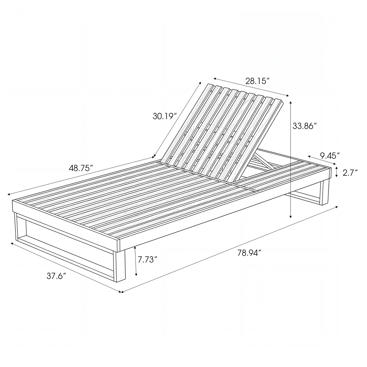 Black Acacia Wood Chaise Lounge with 1.57-Inch Cushion