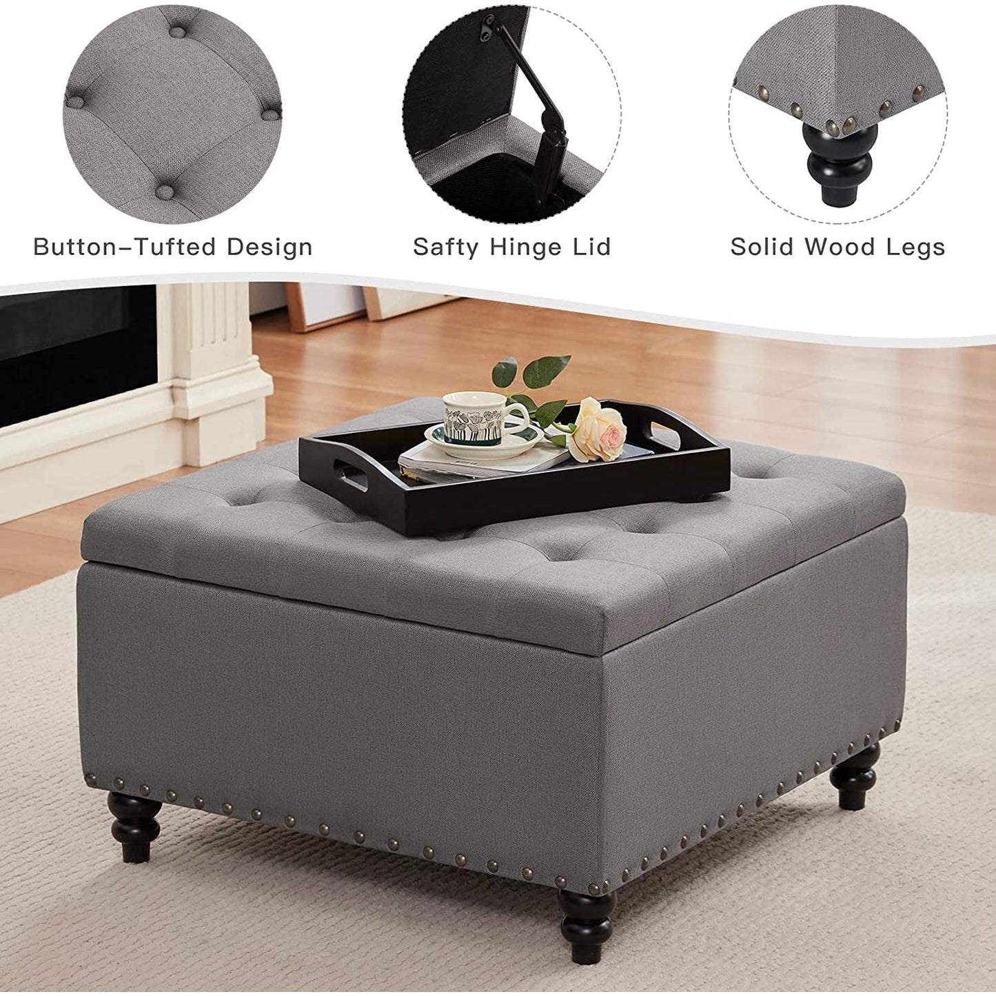 Grey Tufted Storage Ottoman With Tray Square Coffee Table
