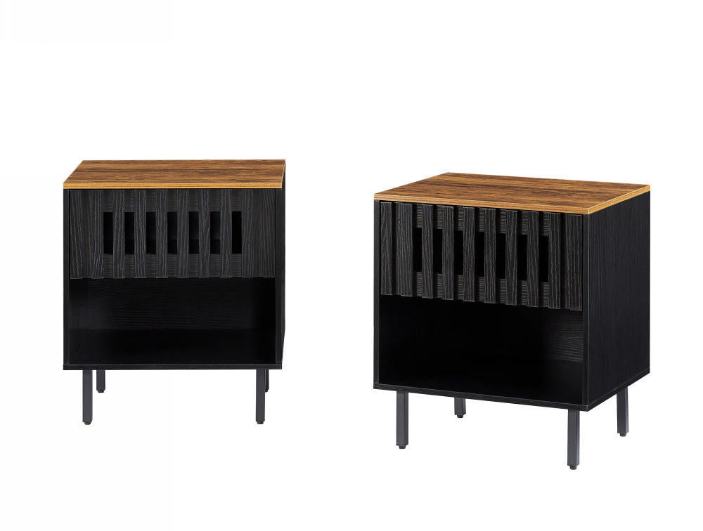 Set of 2 Mid Century Modern Nightstand with Grille Striped Doors,