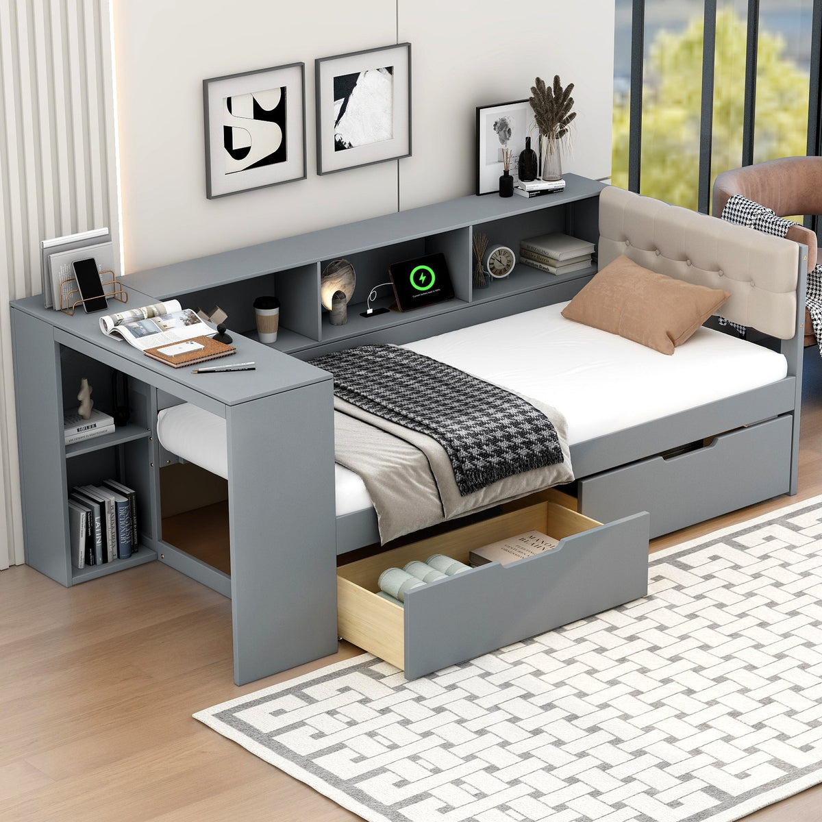 Wood Twin Size Platform Bed with Storage Shelves, Drawers, Charging Station and Upholstered Headboard