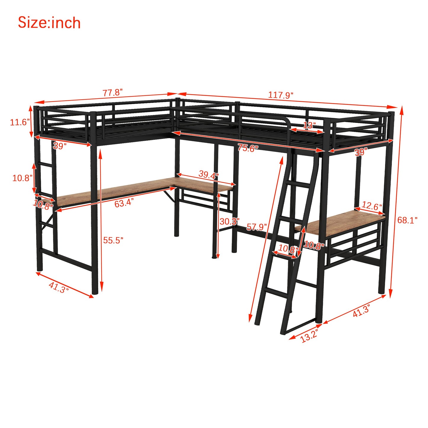 Twin Size Metal Loft Bed with Two Built-in Desks