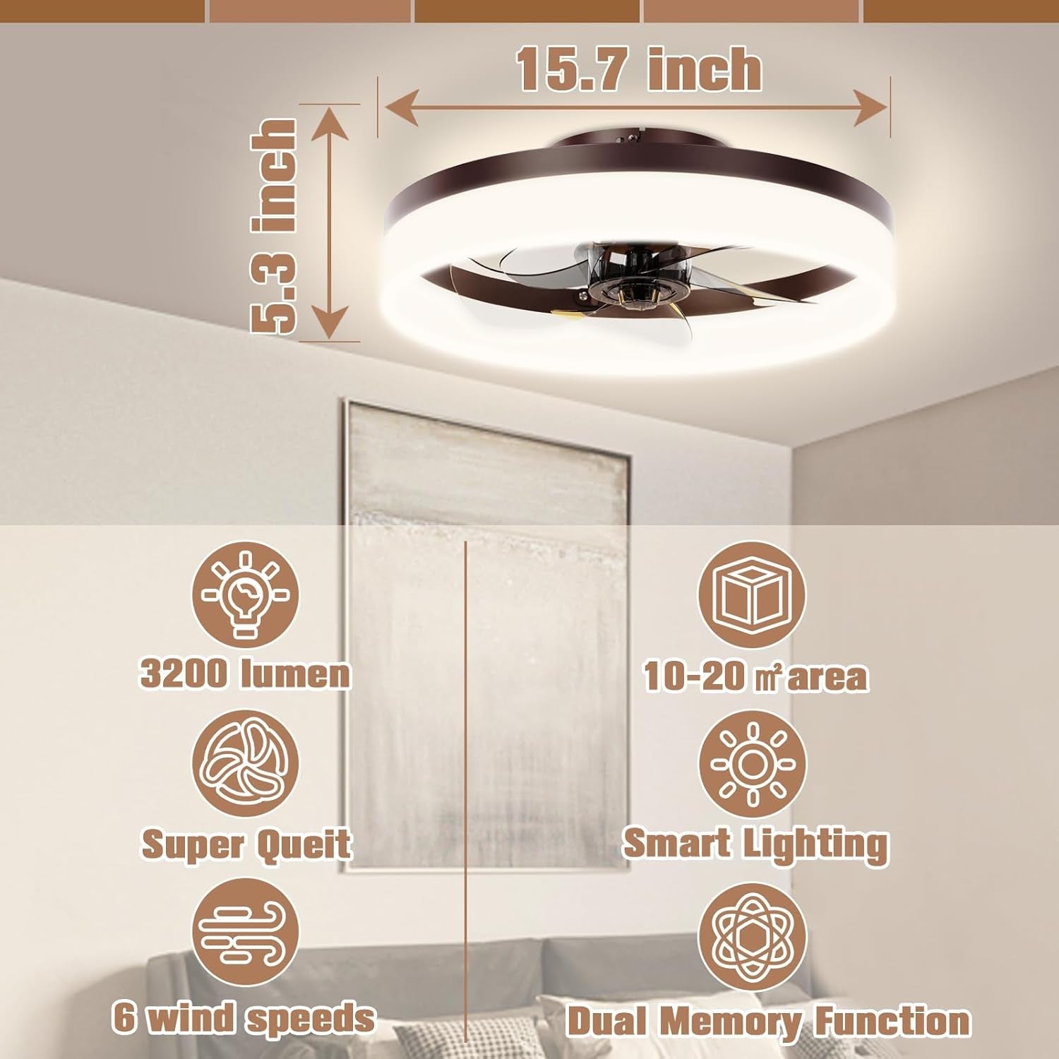 Brown Flush Mount Bladeless Fan Light With Dimmable LED features 15.7 inch design, 3200 lumens, smart lighting, and super quiet operation.