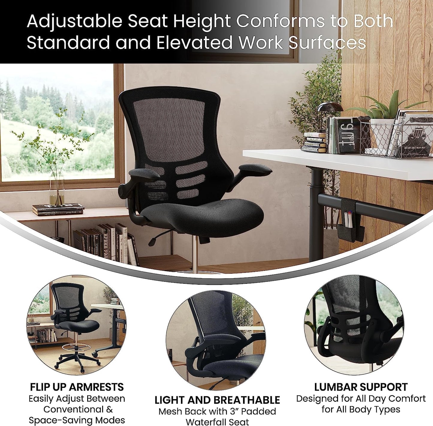 Kelista Mid Back Swivel Office Chair With Flip Up Armrests And Adjustable Height