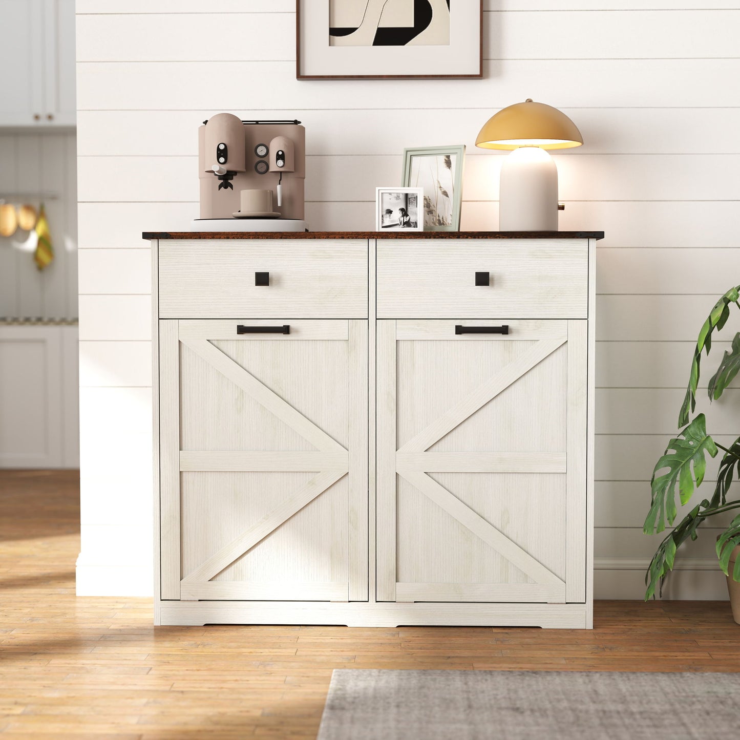 Double Tilt-Out Trash Cabinet With Hideaway Drawer and Barn Door Style