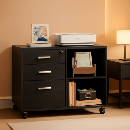 Three Drawer Wood File Cabinet With Lock Black Finish