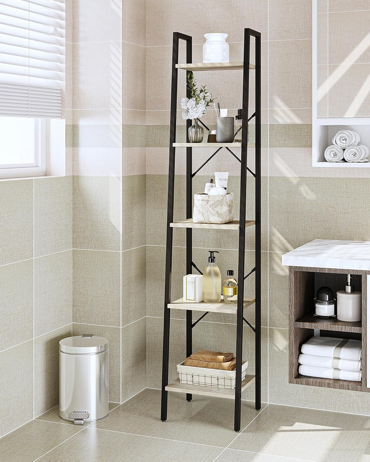 Greige 5 Tier Ladder Shelf Bookcase Freestanding Corner
