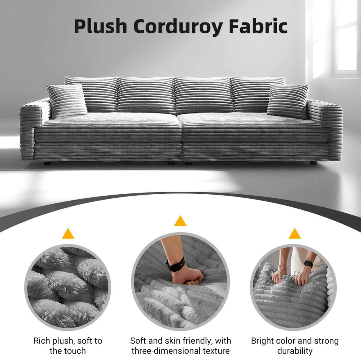 Plush Corduroy 3-Seat Sofa