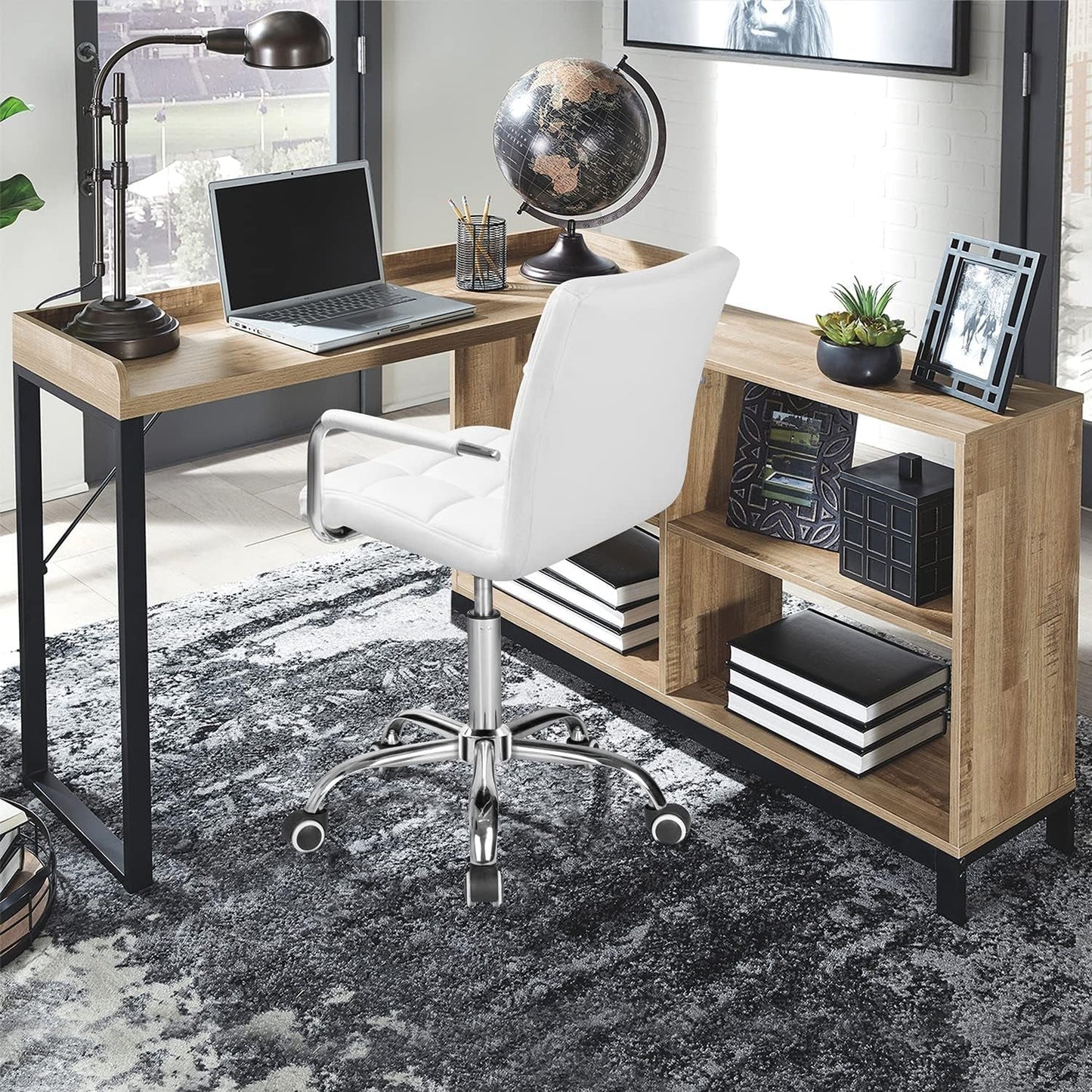 White Mid Back Office Task Chair With Adjustable Height And 360 Degree Swivel