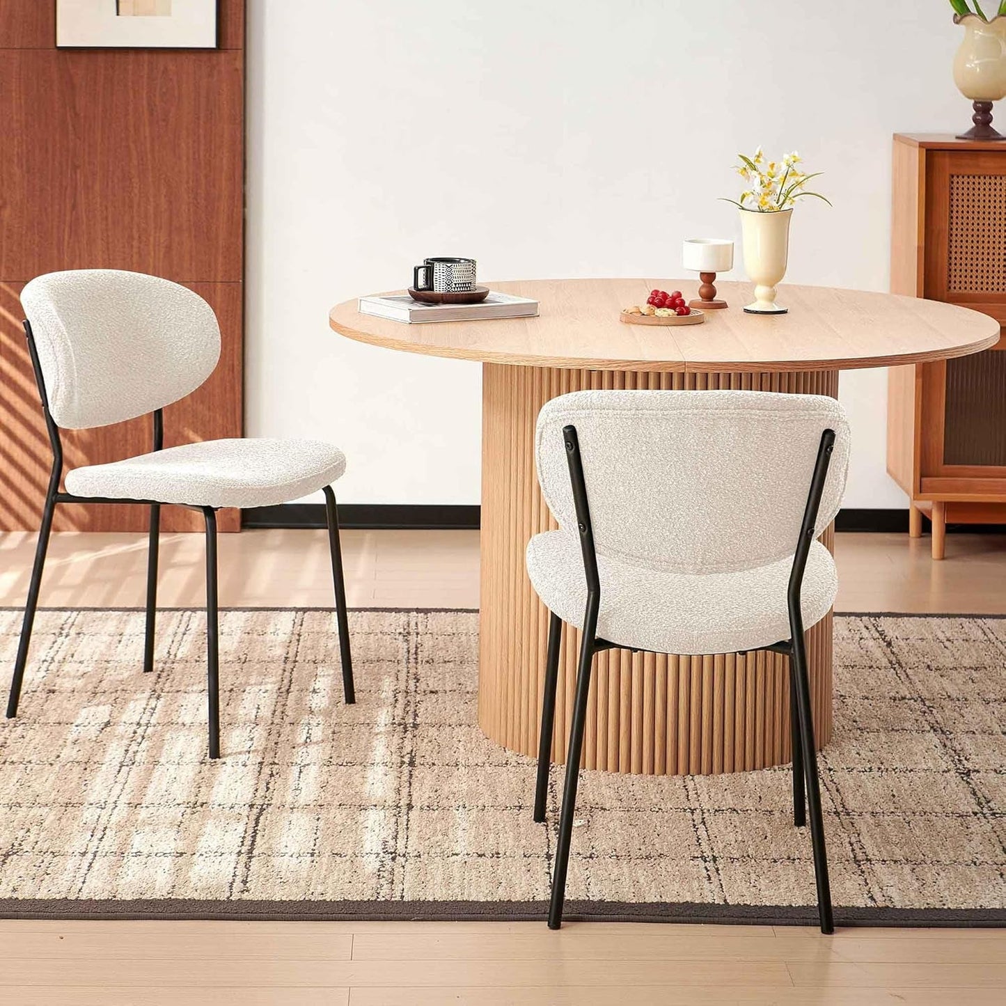 47 Inch Round Dining Table Set Beige Oak Boucle Padded Seating