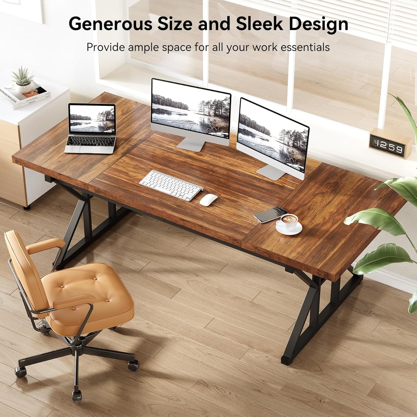 70.8 Inch Modern Executive Desk Brown Black Wood Office