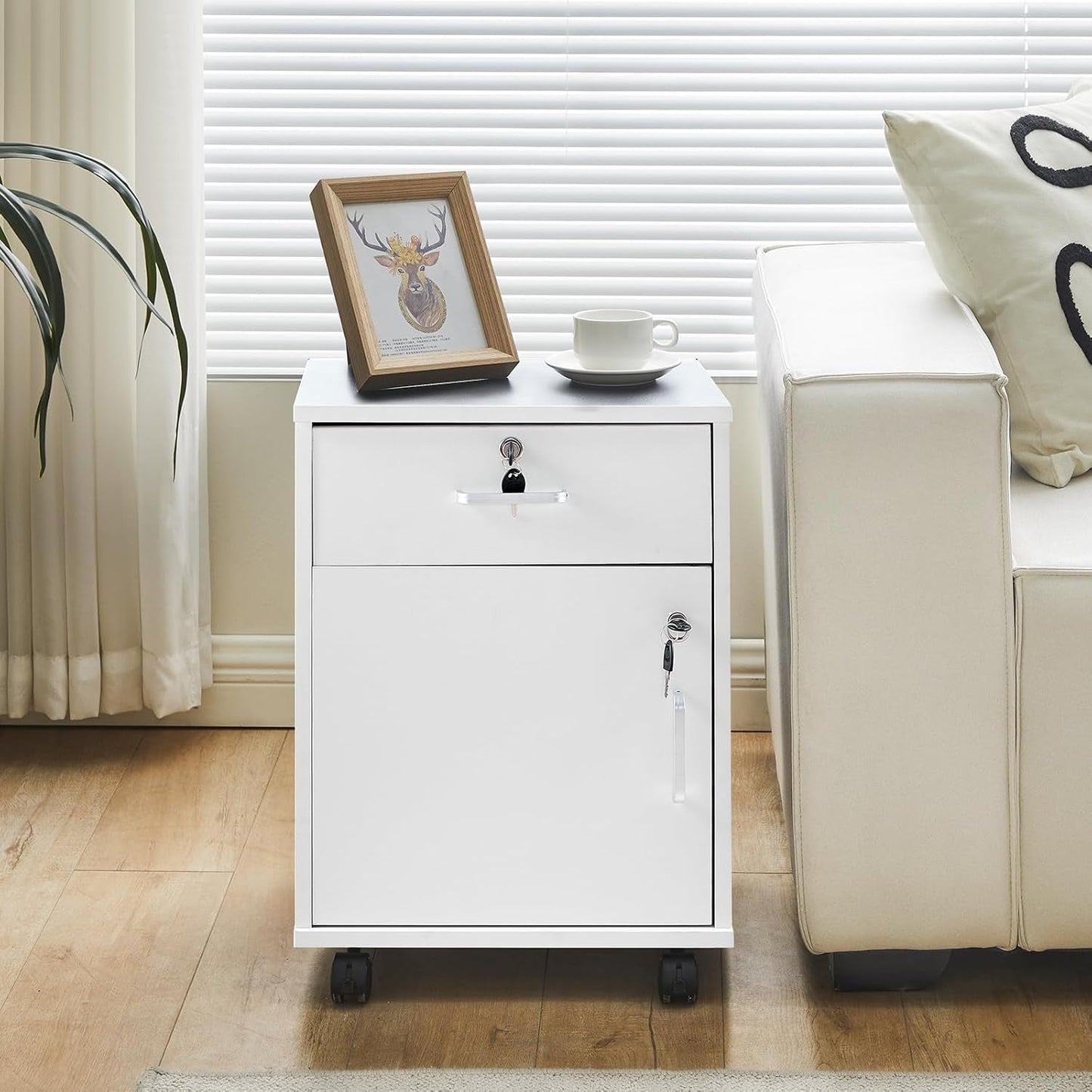 White Mobile File Cabinet With Lockable Drawer And Door
