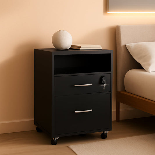 Black Under Desk File Cabinet 2 Drawers Lockable Wheels