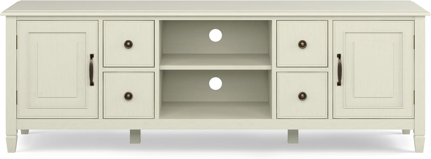 72 Inch Wide Solid Wood TV Stand Antique White With Storage
