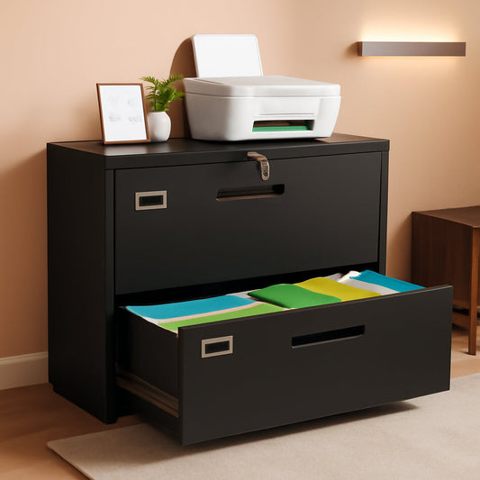 Metal Lateral File Cabinet With Lock 2 Drawer Black Steel