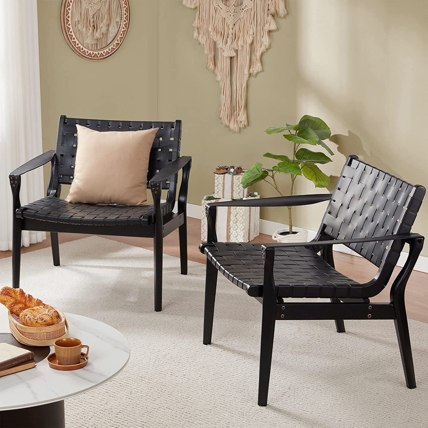 Scandinavian Woven Leather Chair With Natural Wood Frame showcased in a stylish indoor setting with a boho accent.