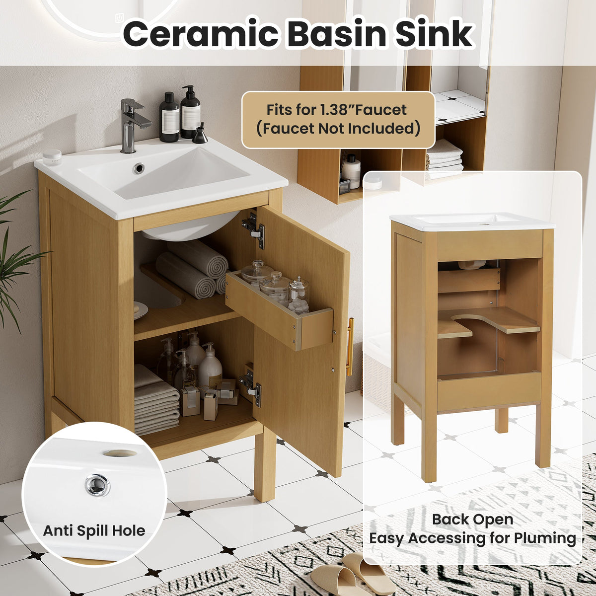 18" Bathroom Cabinet with Storage and Ceramic Sink