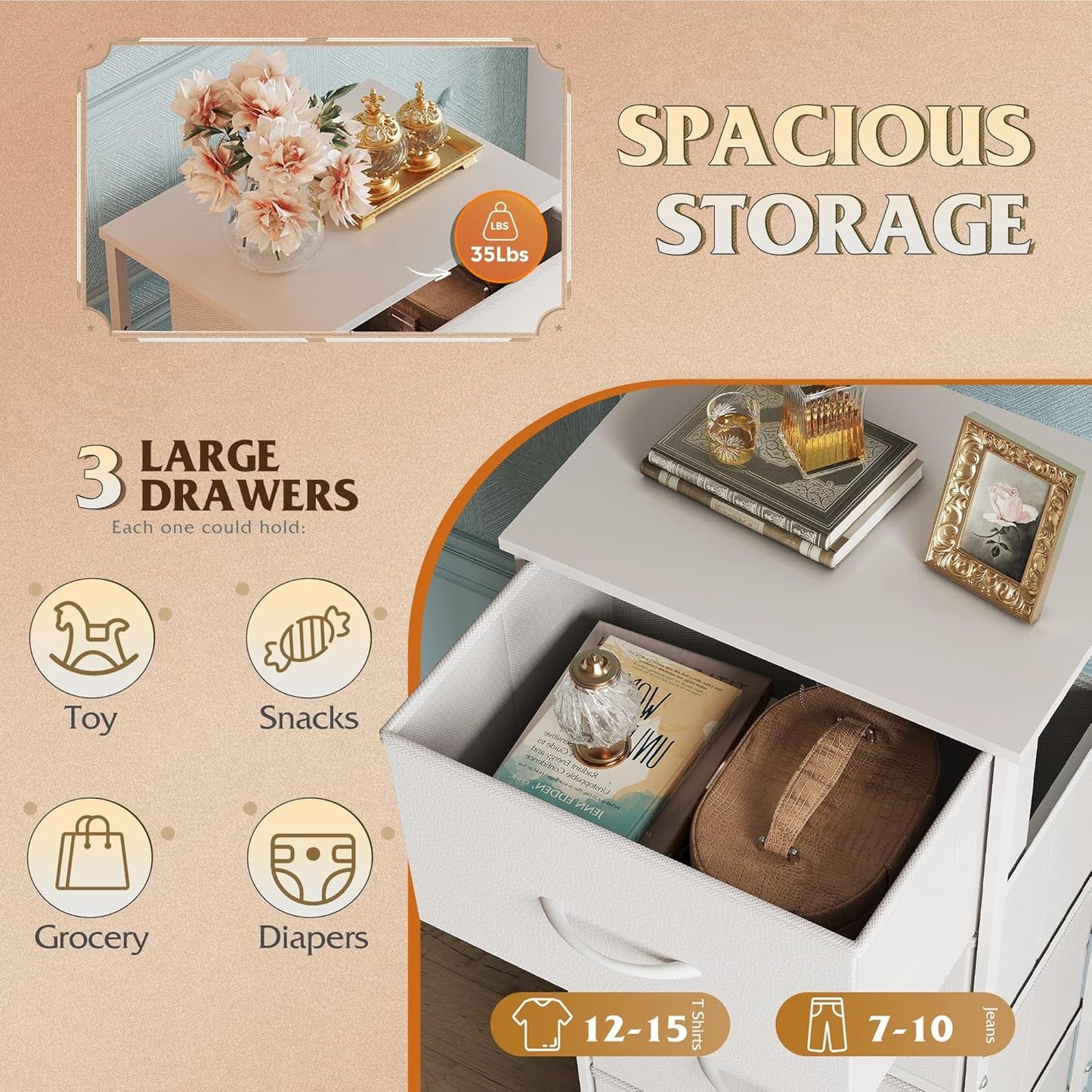 White Dresser With 3 Drawers And Wheels Wood Top Storage