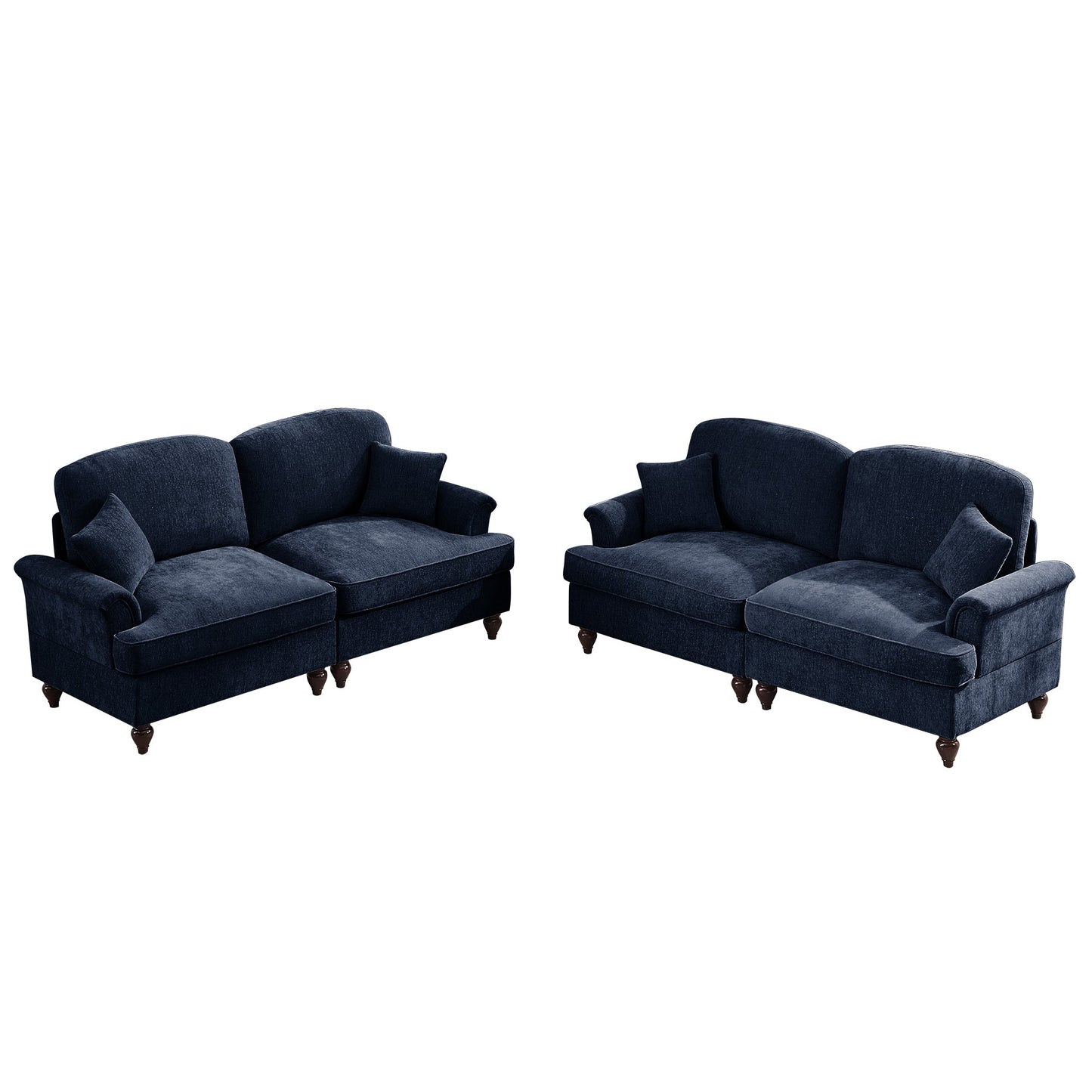 Classic 2 Piece Modular Couch Living Room Sofa Set with Flared Arms and Removable Ruffles Pleats Skirts and Spindle Legs, 2Seater Sofa + 2-Seat Loveseat Sofa Sets for Living Room, Blue