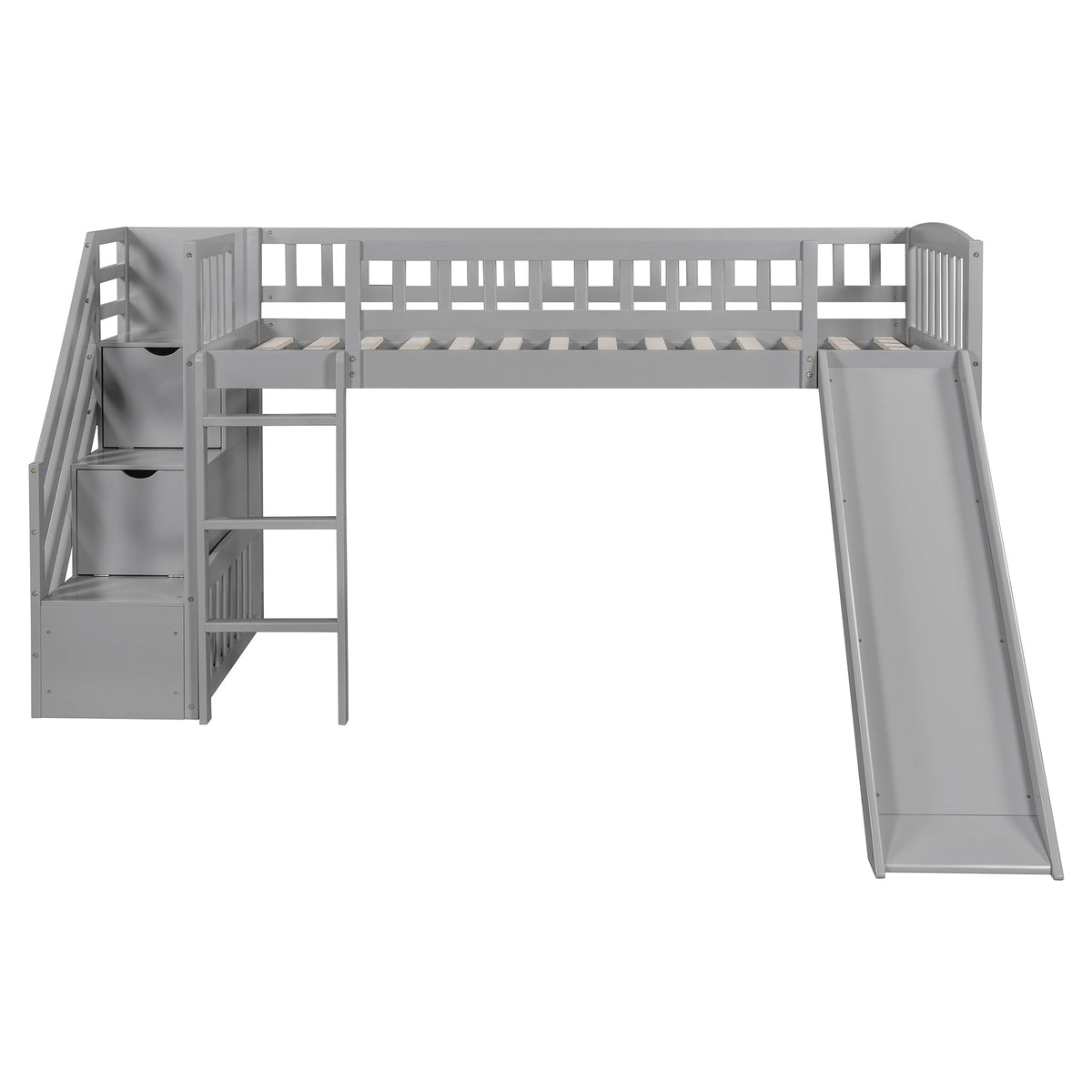 Stairway Twin Size Loft Bed with Two Drawers and Slide, Gray