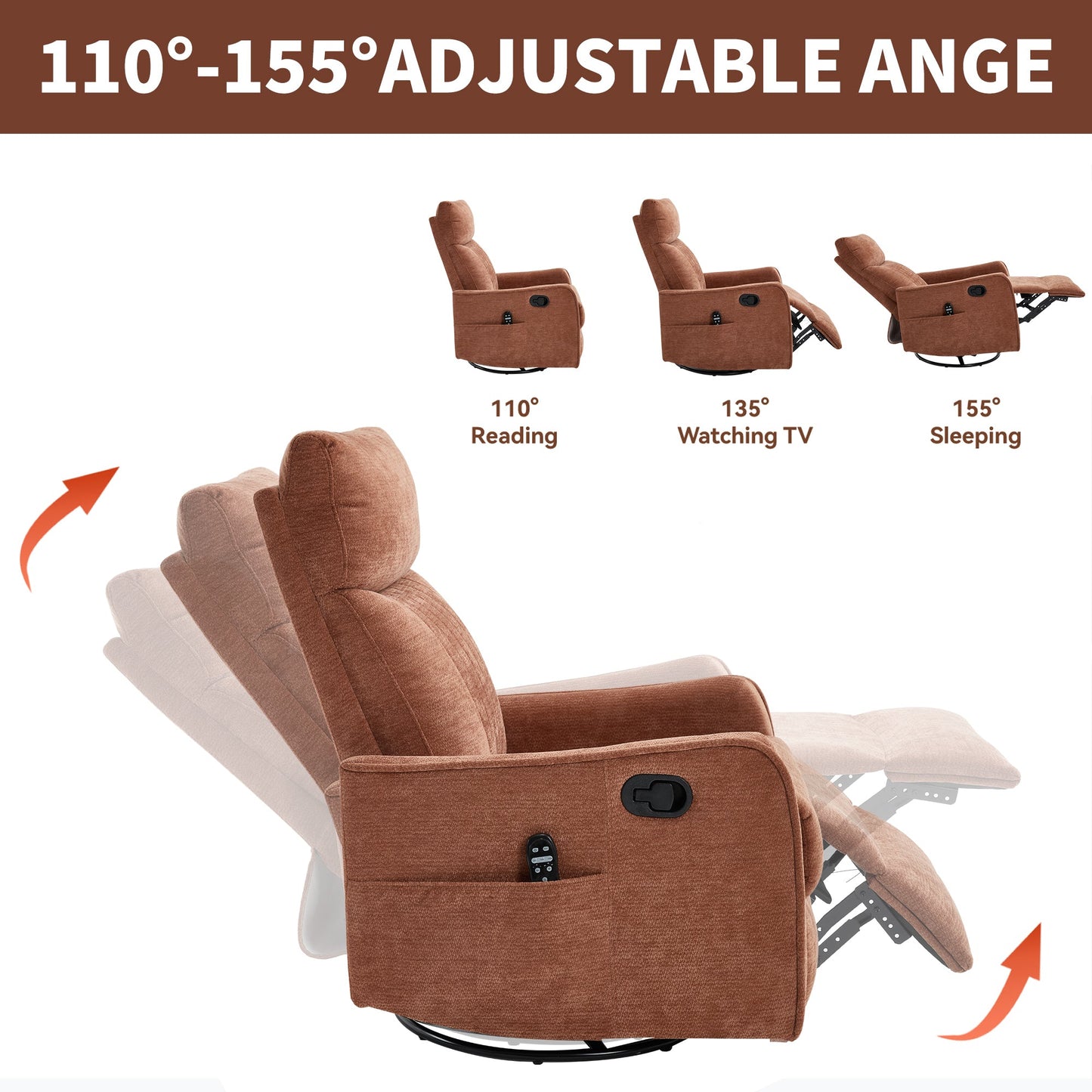 Orange Heat Massage Manual Recliner Chair with Rocker and Swivel in Fabric for Living Room