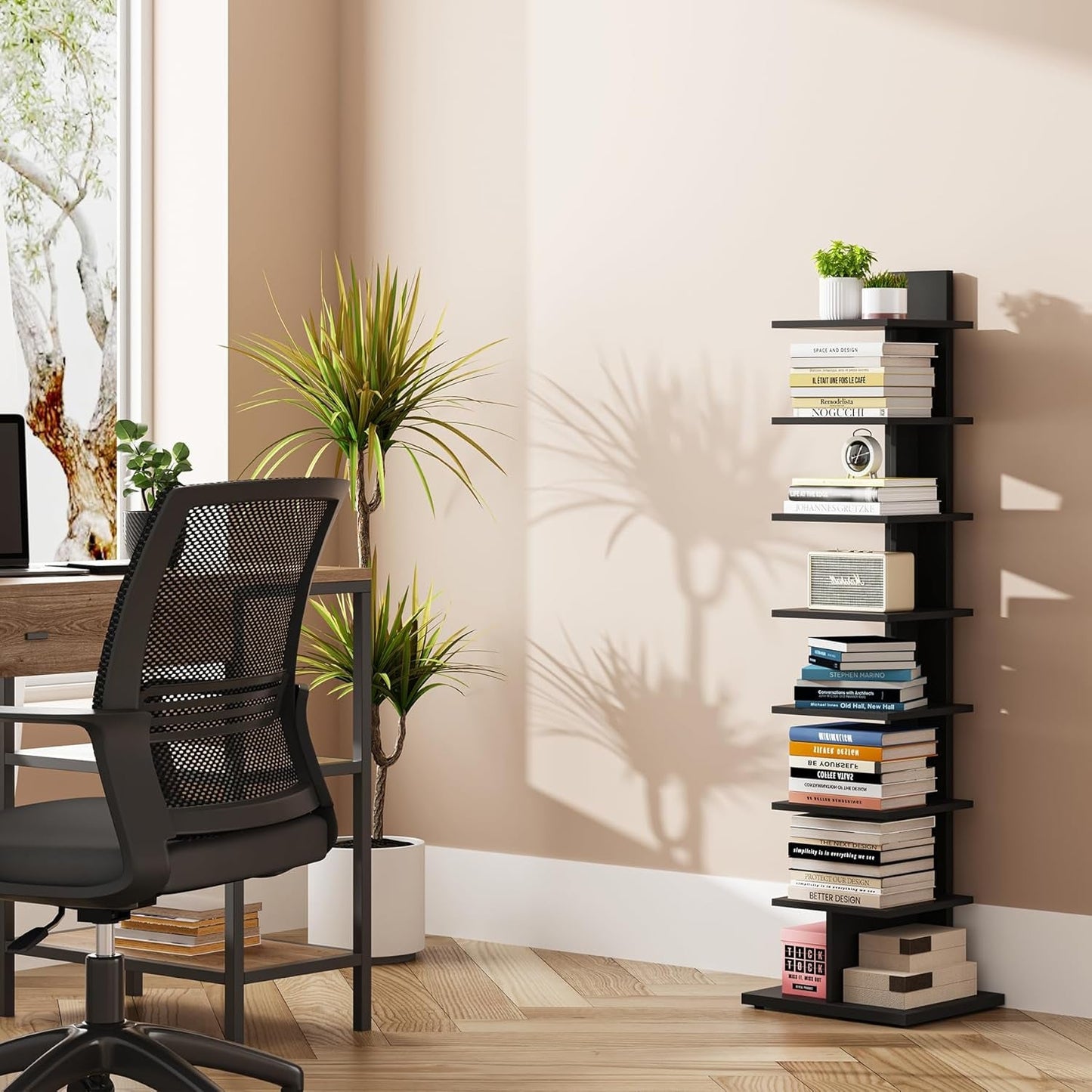 Vertical 8 Tier Bookshelf Black For Small Spaces Bookcase