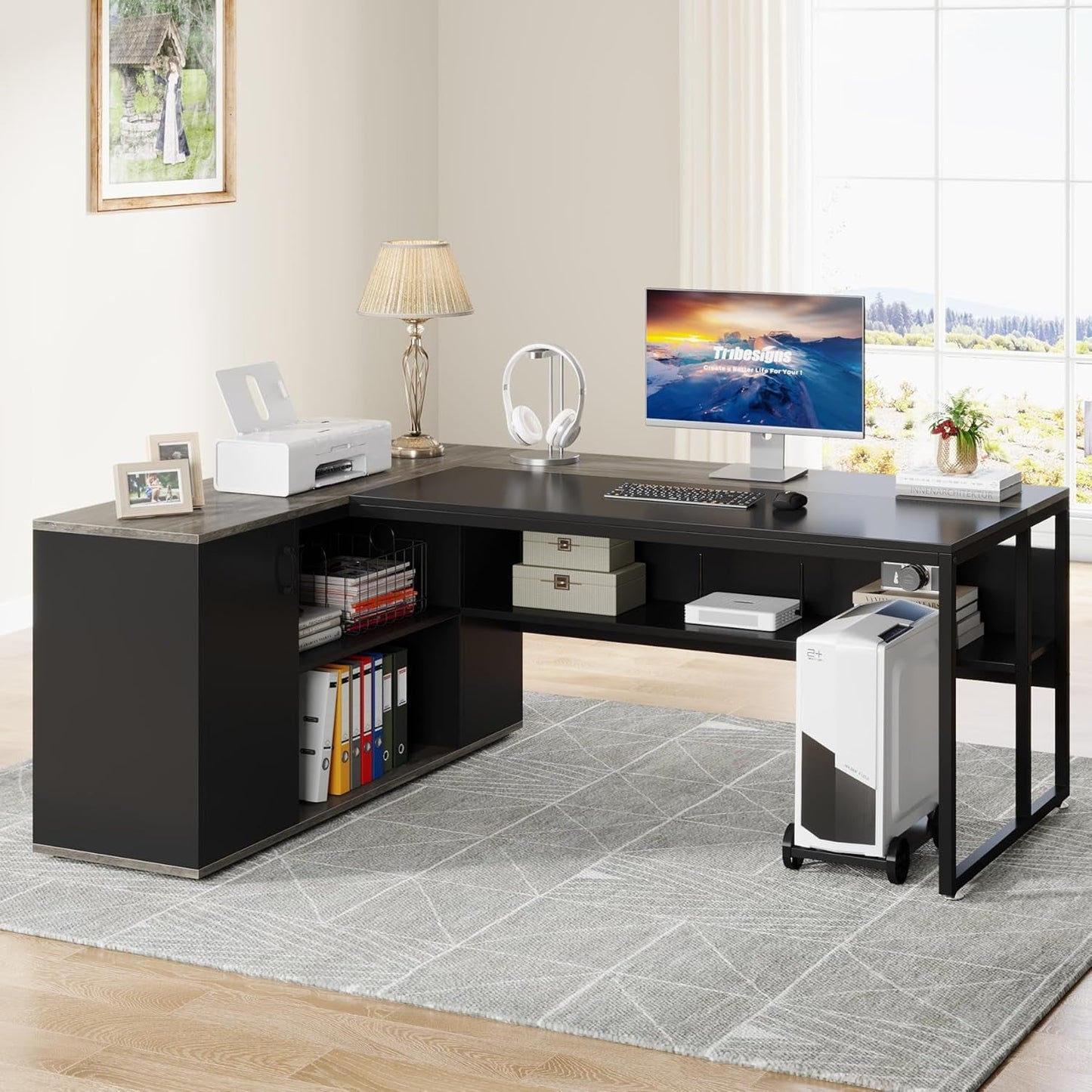 71 Inch Gray L Shaped Desk With Cabinet Storage For Home Office