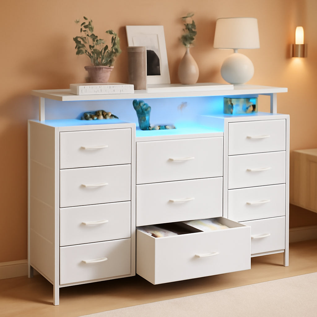 11 Drawer Dresser With Fabric Drawers And Charging Station For Bedroom Storage And Organization