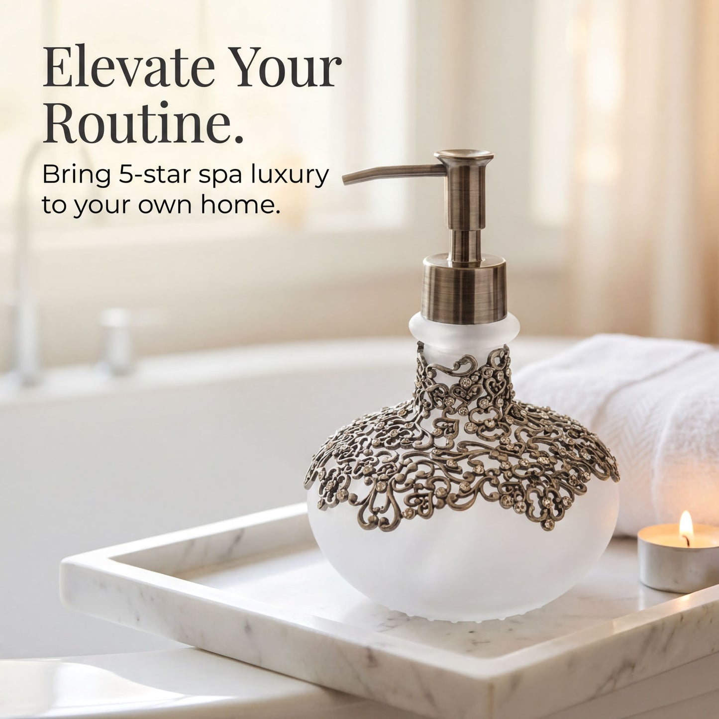 Soap Dispenser – Elegant Frosted Glass Bathroom Accessory with Pewter Finish & Rhinestones