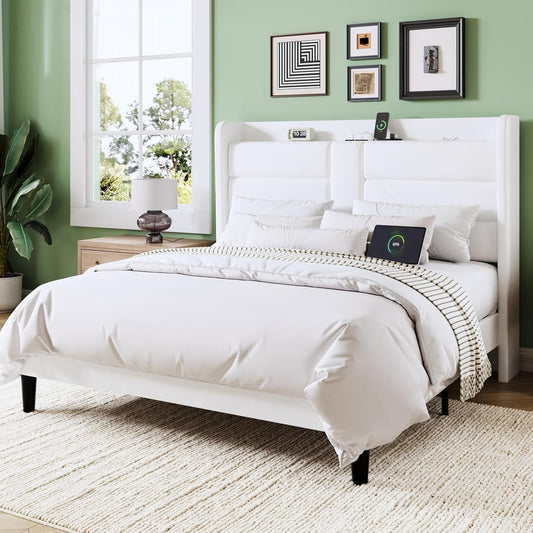 Full Size Platform Bed Frame With USB Charging Station And Storage Headboard