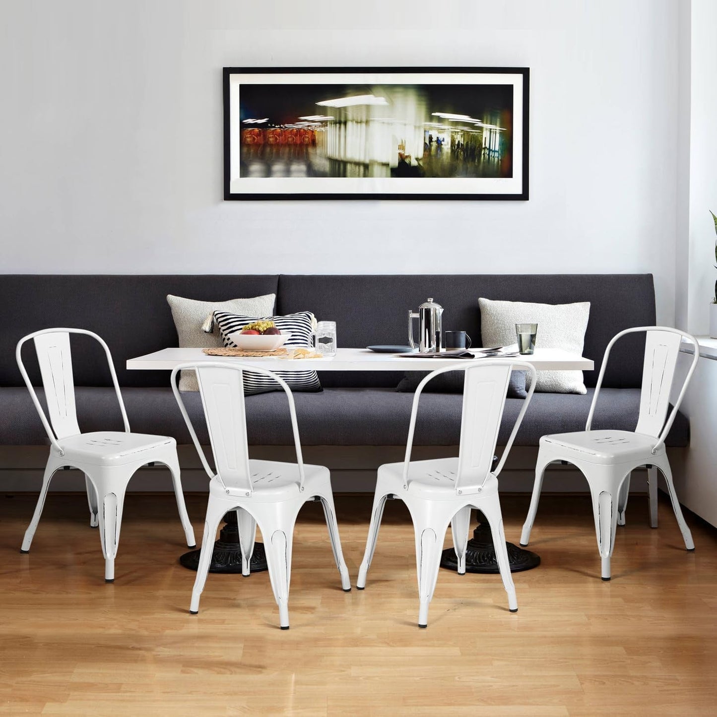 Stackable Distressed White Metal Dining Chairs For Indoor Outdoor Set Of 4