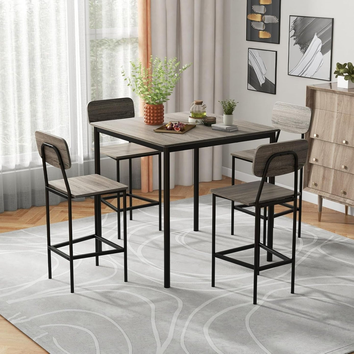 5 Piece Counter Height Dining Table Set Black Oak Stools