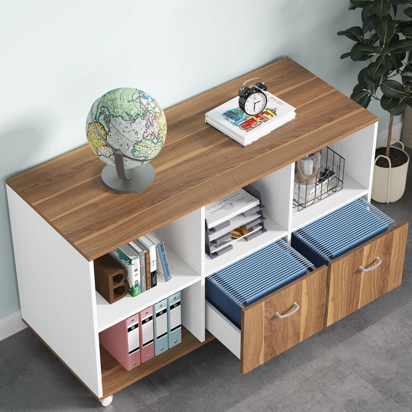 63 Inch L Desk With File Cabinet Walnut White Finish