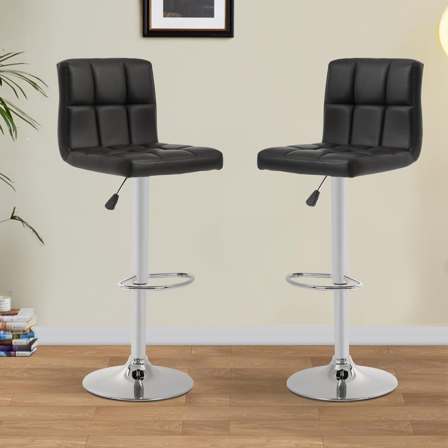 Set Of 2 Adjustable Swivel Bar Stools Black PU Leather