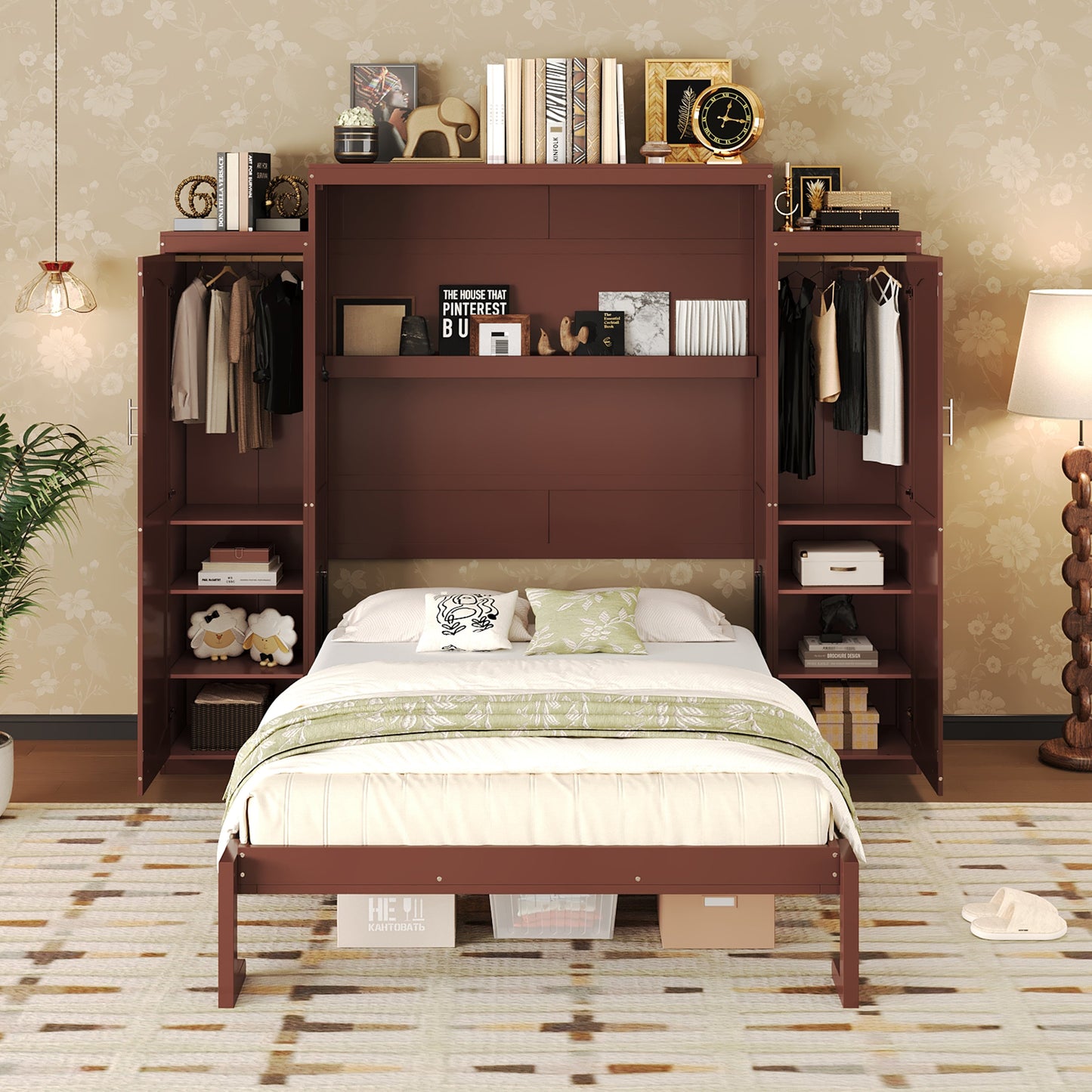 Queen Size Murphy Bed, Wooden Queen Wall Bed with 2 Wardrobe and Storage Shelf, Multifunctional Foldable Platform Bedframe for Guest-Room, Bedroom, Walnut