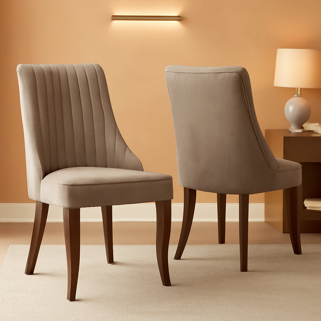 Beige Upholstered Dining Chairs 2 Pack Curved Wood Legs