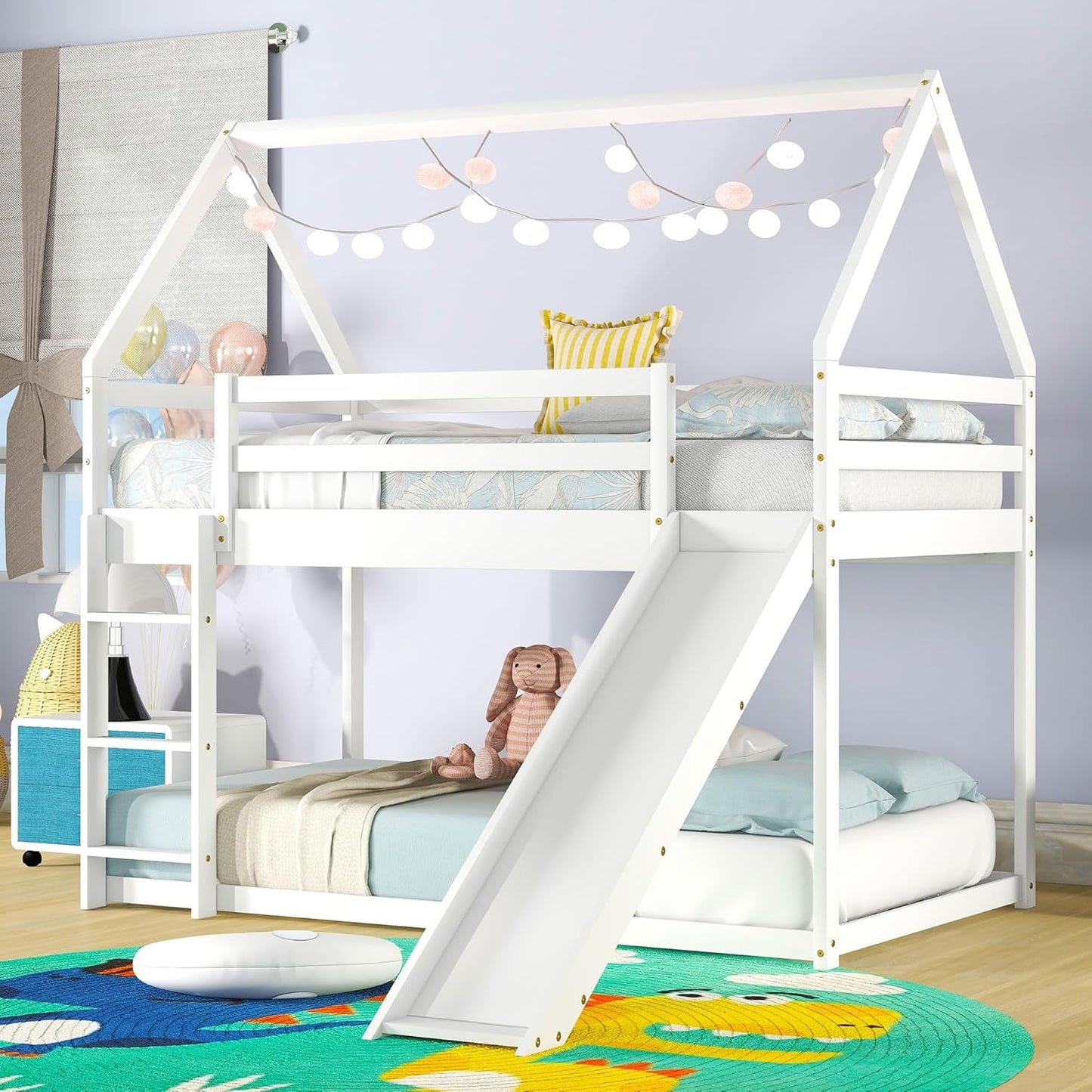 Twin Over Twin House Bunk Bed With Slide Solid Wood