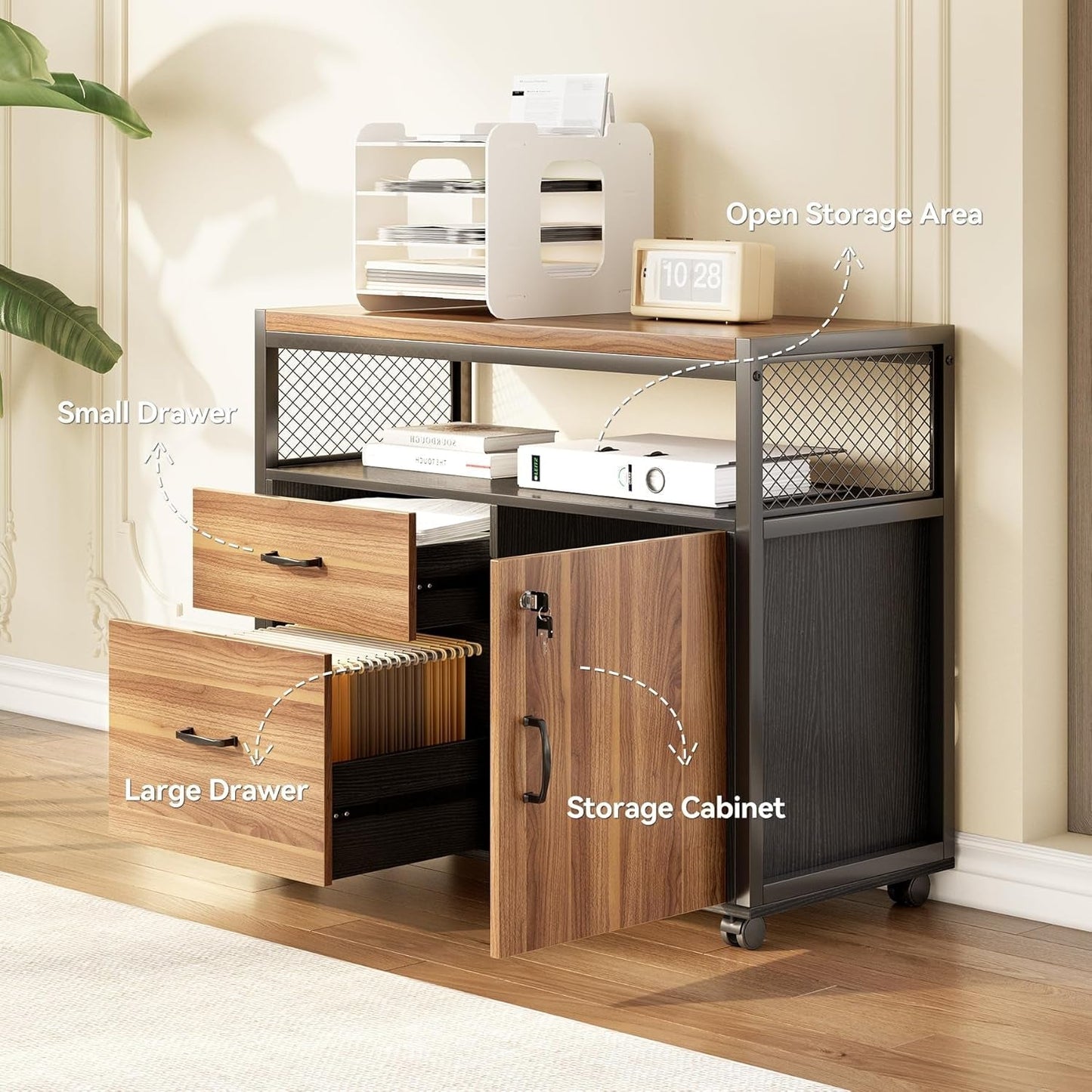 55 Inch L Shaped Desk With File Cabinet Walnut Black