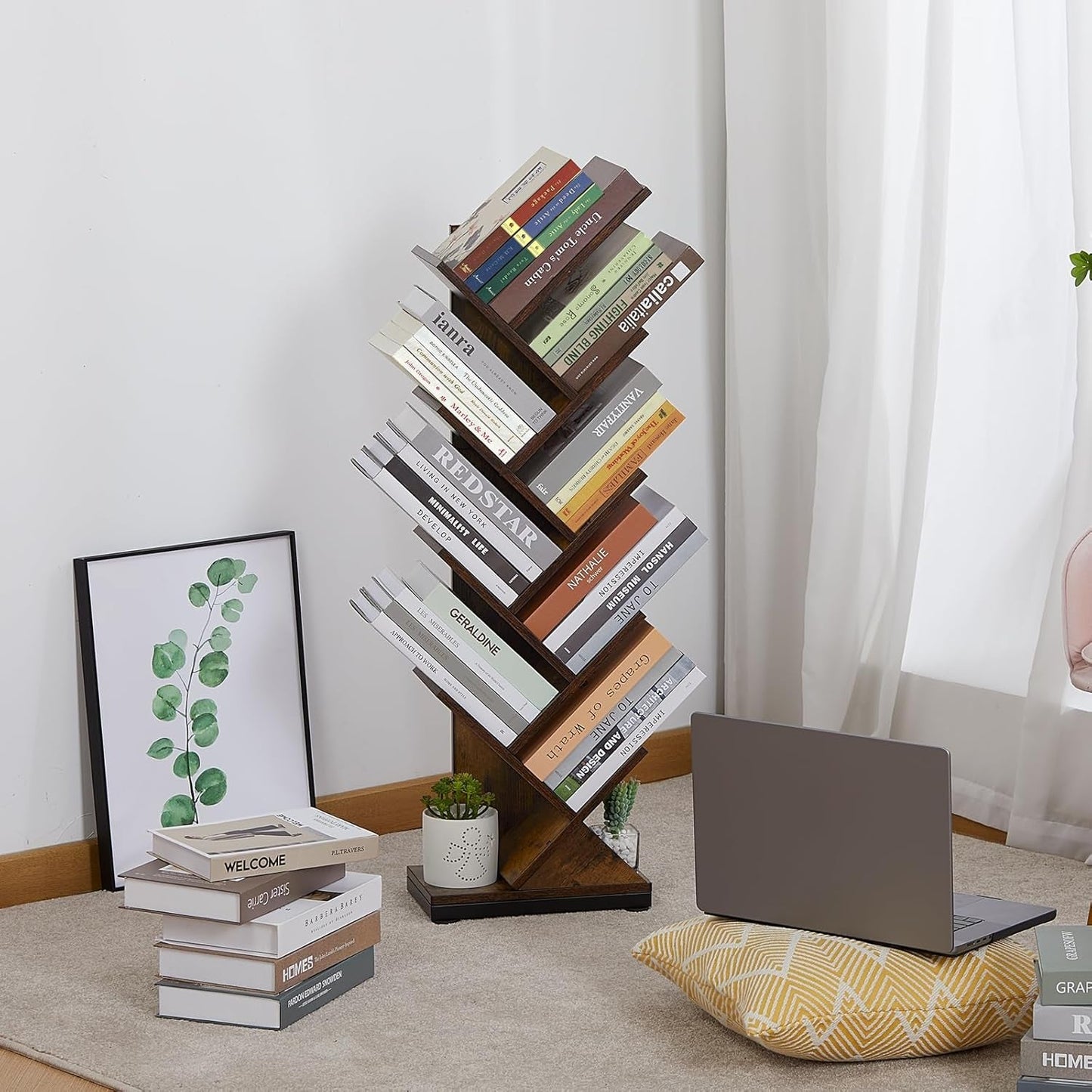 8 Tier Tree Bookshelf Floor Standing Bookcase For Books CDs Rustic Wood