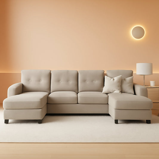 Dark Beige U Shaped Sectional Sofa With Chaise 4 Seats