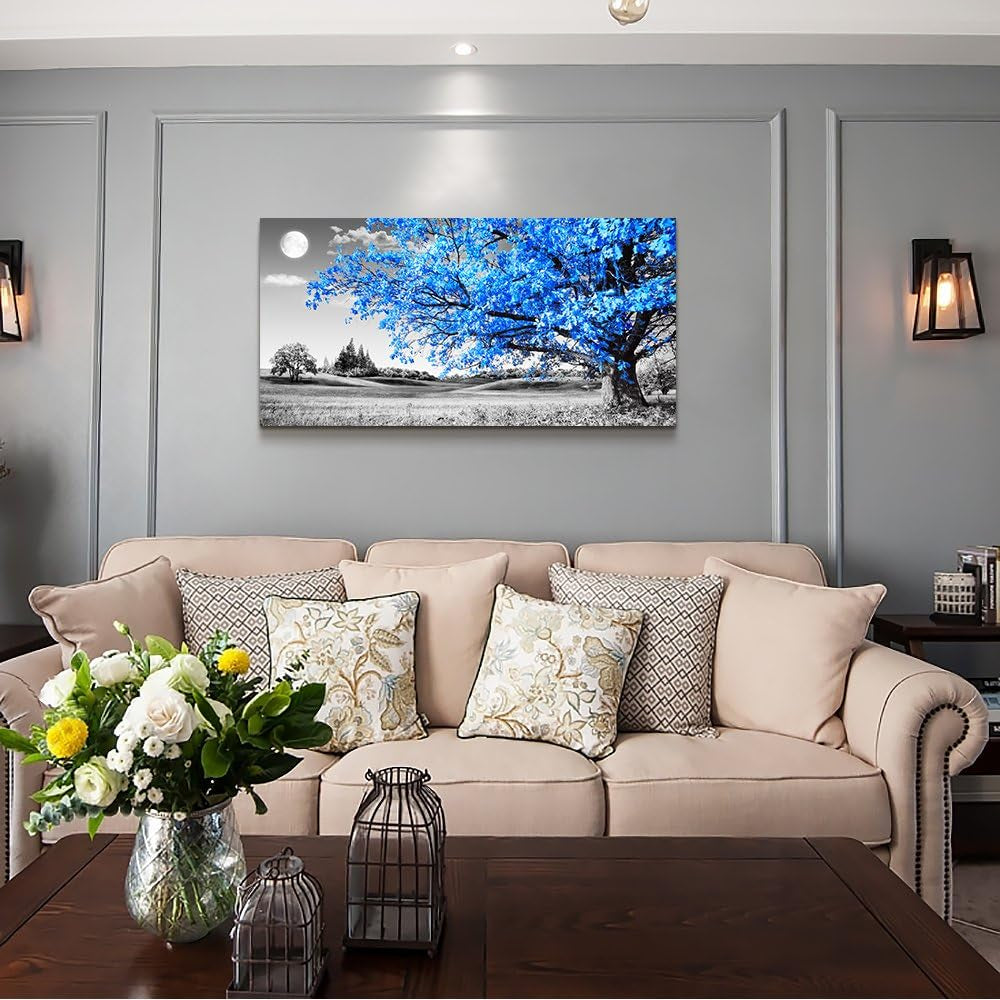 Elegant Blue Moon Tree Landscape Canvas Art – Abstract 20" X 40" Ready to Hang for Living Room and Office Decor