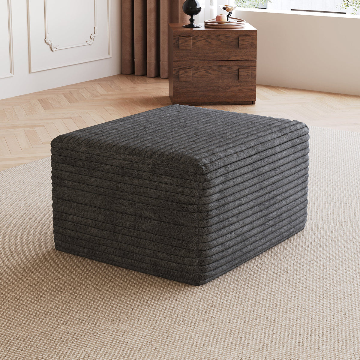 Dark Grey Plush Corduroy Sofa Ottoman