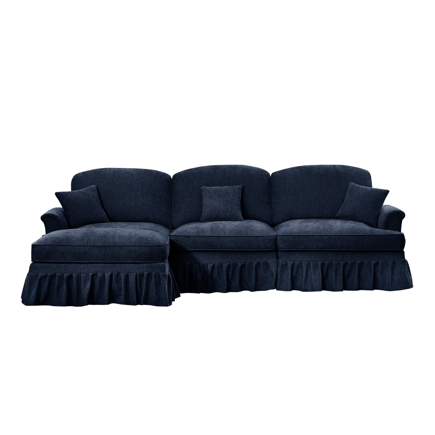 Mid Century Three Seater Modular L Shaped Sectional Couch with Flared Arms and Removable Ruffles Pleats Skirts and Spindle Legs, Comfy Chenille 3-Seat Deep Seat Sofa with Movable Ottoman,Blue
