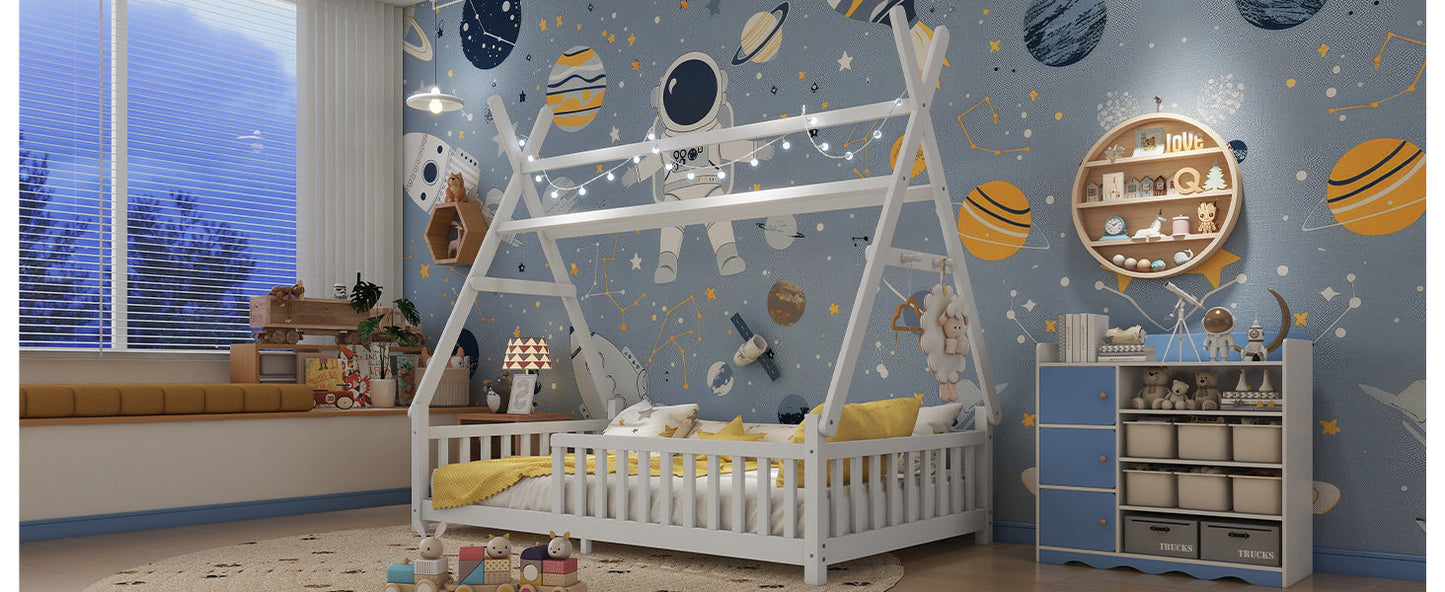 Twin House Bed with Light, Low Floor House Bed with Fence and Roof for Kids Boys Girls,White(Expect arrive date 2025/7/20)
