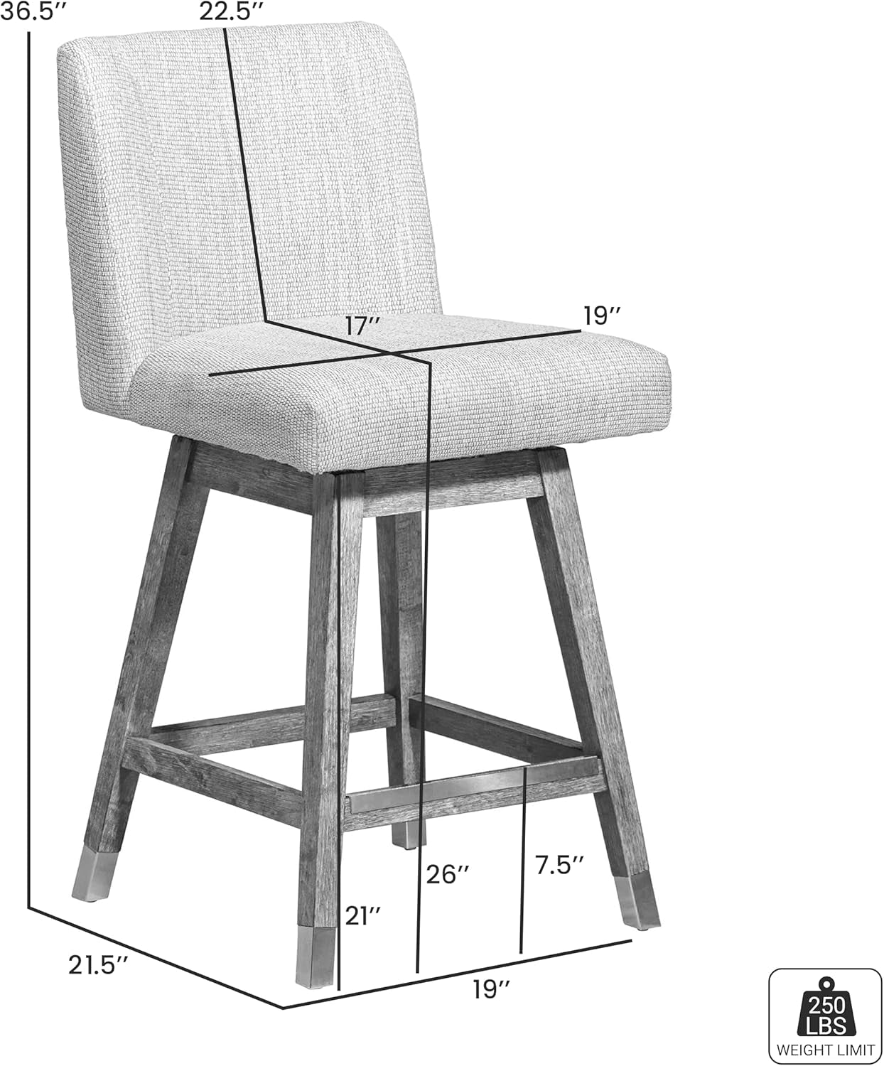 Basila 26 Inch Seat Height Swivel Bar Stool Taupe Fabric dimensions and weight limit image
