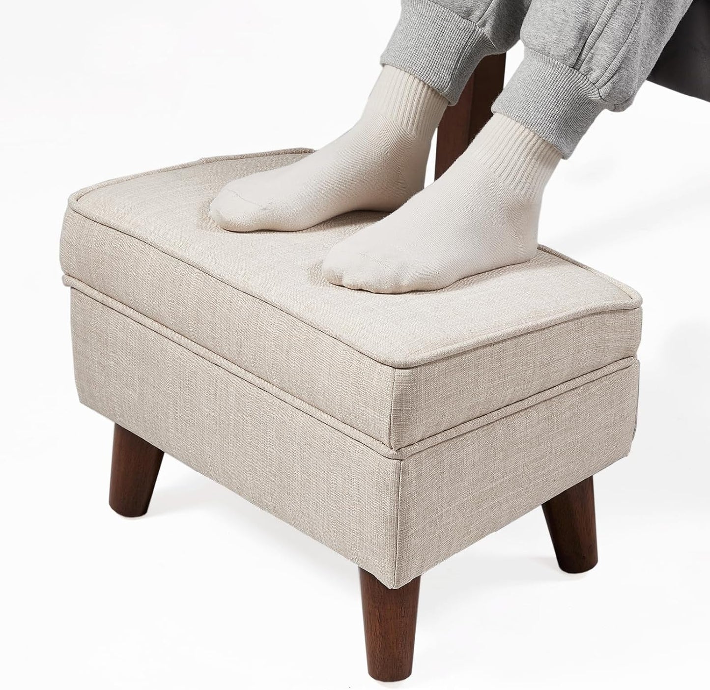 Beige Upholstered Storage Ottoman With Removable Lid