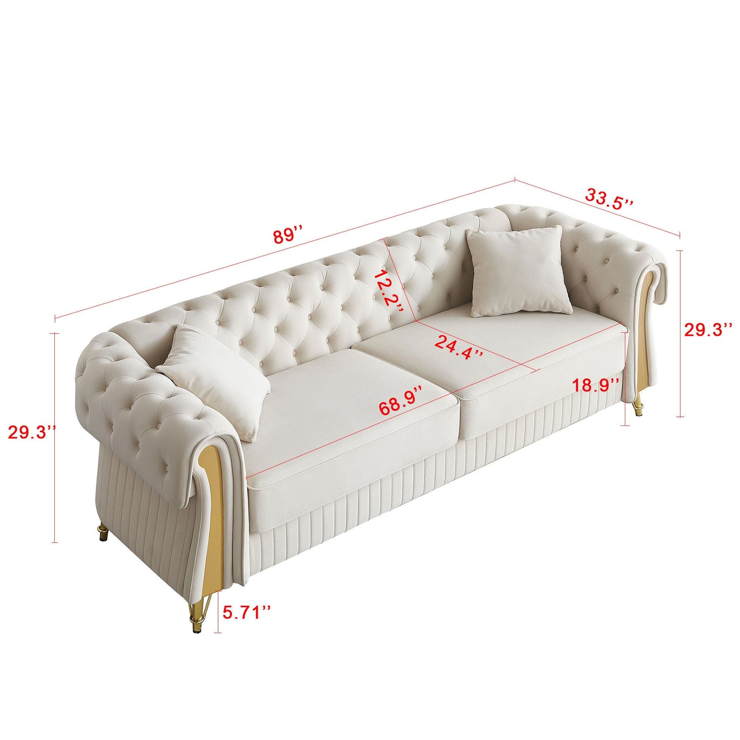 89''W Chesterfield Modern Tufted Velvet Living Room Sofa with Two Seat Cushions and Two Toss Pillows,Beige