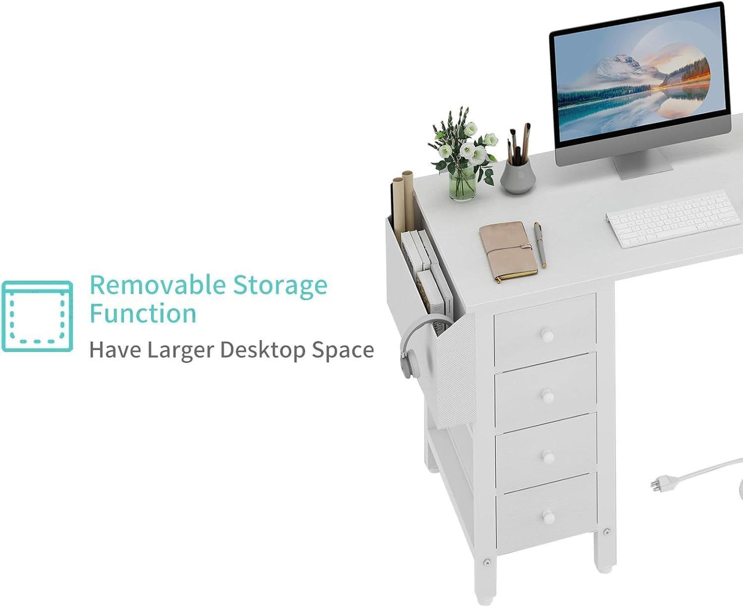 White 47 Inch L Shaped Corner Desk With Reversible Storage